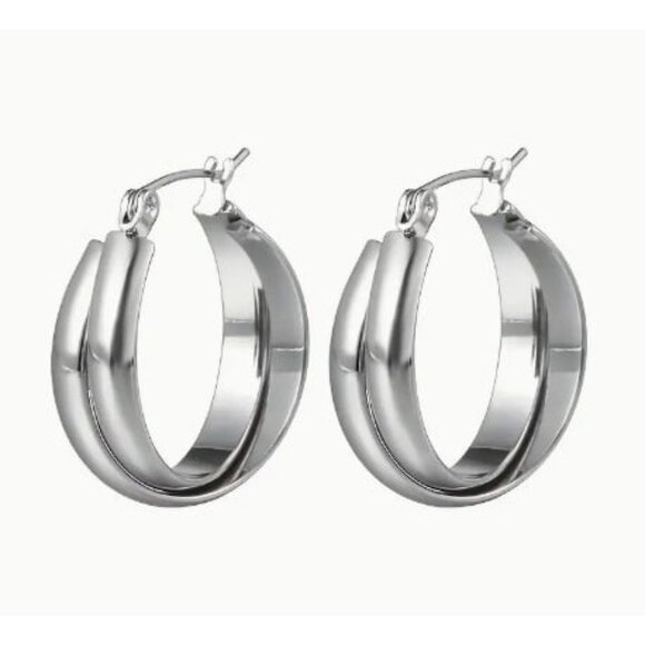 18k White Gold Plated Stainless Steel Hoop Earrings - Picture 1 of 4